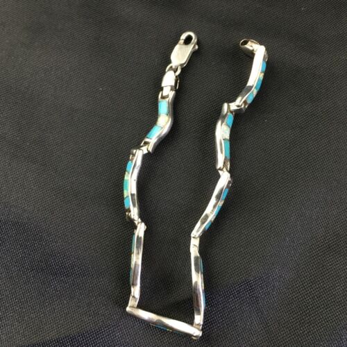 Women's Sterling Silver Turquoise Coral Inlay Link Bracelet | 6.75" | Authentic Native American Handmade | 2027