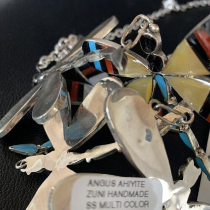 Zuni Dragonfly Necklace Earrings Set | Turquoise Onyx Inlay | Sterling Silver | Authentic Native American Handmade | 14213