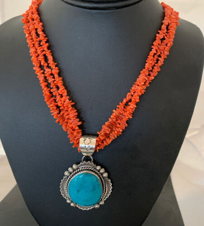 Navajo Sterling Silver Coral Bead Necklace | Turquoise Pendant | Multi-Strand 21" | 00766