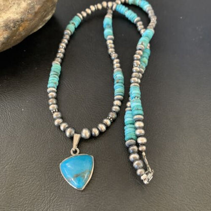 Navajo Pearl Necklace with Blue Kingman Turquoise Pendant | Sterling Silver | Authentic Native American Handmade | 12551