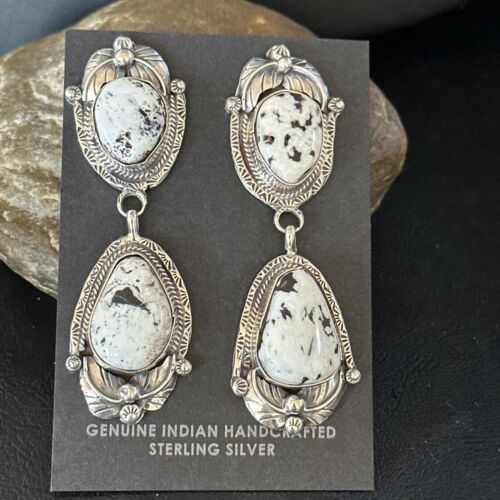 Navajo White Buffalo Turquoise Dangle Earrings | Sterling Silver | 2.5" | Authentic Native American Handmade | 14739