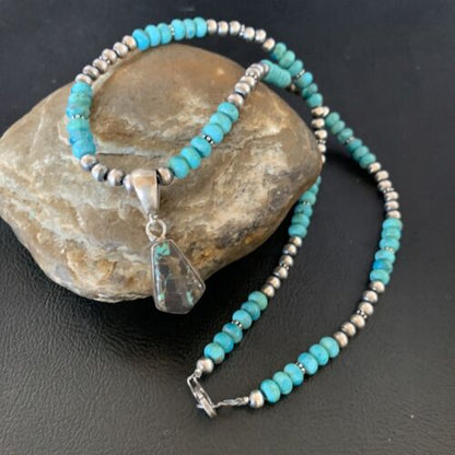 Women's Blue Turquoise Pendant Necklace | Navajo Pearls | Sterling Silver | Authentic Native American Handmade | 13368