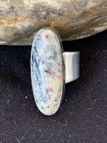 Navajo Men's White Black Cinnabrite Ring | Sterling Silver | Sz 7.5 | Authentic Native American Handmade | 1553