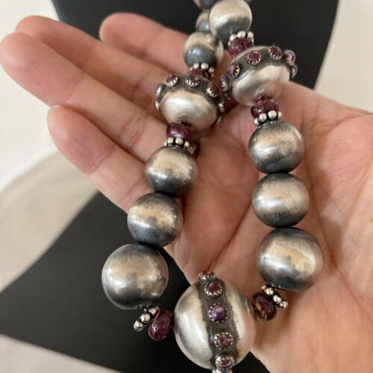 Navajo Purple Spiny Oyster Graduated Bead Necklace | Sterling Silver | Native American Handmade | 20" | 1144