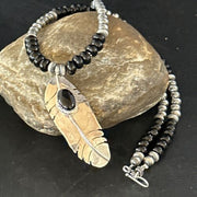 Native American Men's Navajo Pearls Necklace | Sterling Silver Black Onyx Pendant | 14627