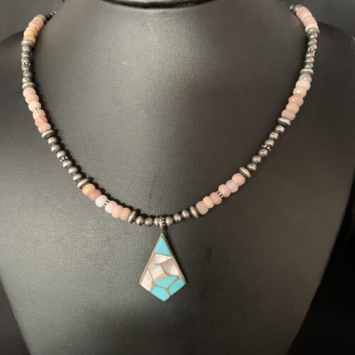 Navajo Mother of Pearl Turquoise Inlay Pendant with Pink Opal Bead | Sterling Silver Necklace | 13456