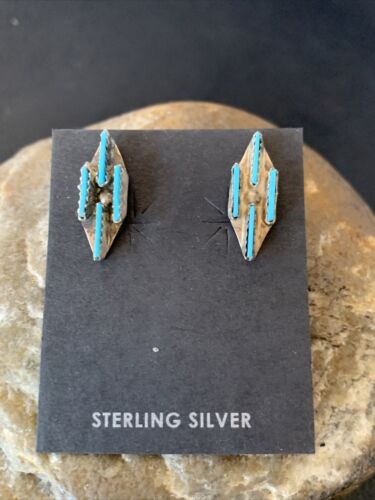 Zuni Blue Turquoise Needle-Point Dangle Post Earrings | Sterling Silver | 0.70" | 12751