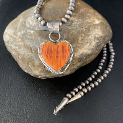 Navajo Orange Heart Spiny Oyster Pendant | Sterling Silver Necklace | Authentic Native American Handmade | 13948 - Masha USA