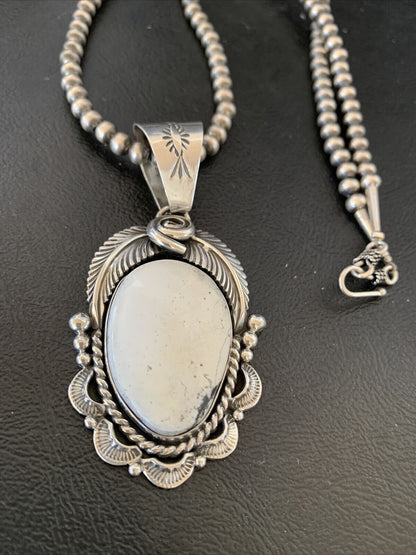 Navajo Pearls | Sterling Silver White Buffalo Turquoise Necklace Pendant 10943