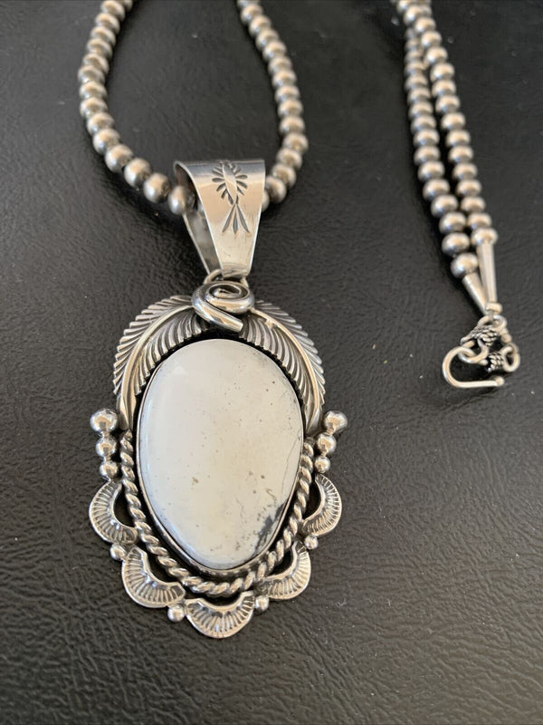 Navajo Pearls | Sterling Silver White Buffalo Turquoise Necklace Pendant 10943