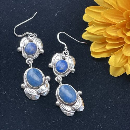 Southwestern Navajo Denim Lapis Dangle Earrings | Sterling Silver | 2" | 01796