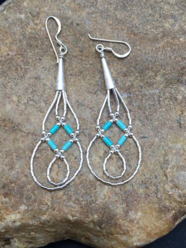Navajo Blue Turquoise Tube Heishi Dangle Earrings | Sterling Silver | 2" | 3100
