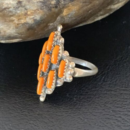 Navajo Orange Spiny Oyster Cluster Ring | Authentic Native American Sterling Silver | Multi-Stone | Sz 7.5 | 11927