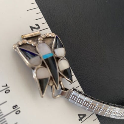 Navajo Sterling Silver Watch Tips | Old Pawn Turquoise Onyx Mother of Pearl Inlay | Authentic Native American Jewelry | 11929 - Masha USA