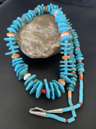 Authentic Native American Santo Domingo Necklace | Sterling Silver & Spiny Turquoise | 36" Graduated | 12067