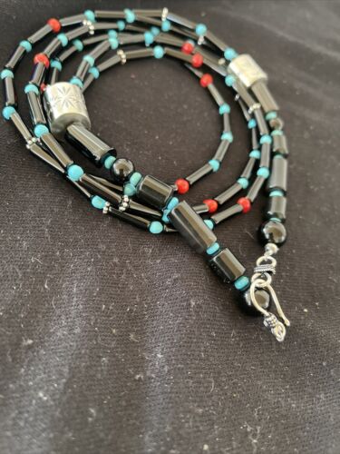 Navajo Black Onyx Coral Turquoise Bead Necklace | 3-Strand Sterling Silver | 24" | 1230