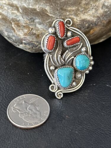 Navajo Blue Kingman Turquoise Coral Ring | Authentic Native American Sterling Silver | Multi-Stone | Sz 9.5 | 14499