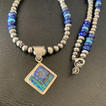 Men's Turquoise, Lapis & Opal Inlay Pendant | Navajo Sterling Silver Necklace 21" | 12605