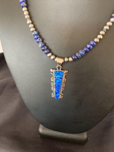 Navajo Pearls Necklace Blue Lapis Opal Inlay Pendant | Sterling Silver | Native American Handmade | 11804