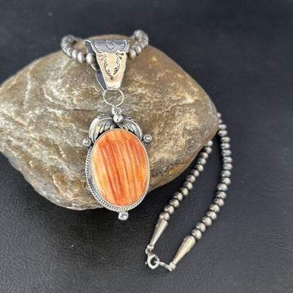 Navajo Pearls Orange Spiny Oyster Pendant Necklace | Sterling Silver | Authentic Native American Handmade | 14722