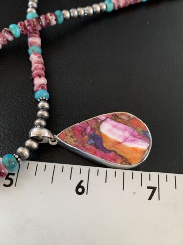 Navajo Pearls Necklace with Turquoise & Purple Spiny Oyster Pendant | Sterling Silver | 13293