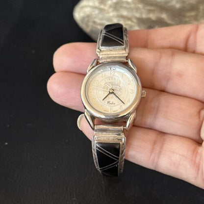 Authentic Native American Navajo Sterling Silver Watch Tips | Black Onyx Band | Handmade Jewelry | 14470