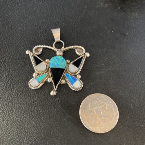 Zuni Butterfly Opal Mother of Pearl Onyx Inlay Pendant Necklace | Sterling Silver | 14207