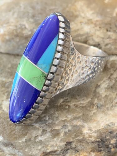 Navajo Multi-Color Lapis & Turquoise Inlay Ring | Sterling Silver | Sz 7 | Authentic Native American Handmade | 01576