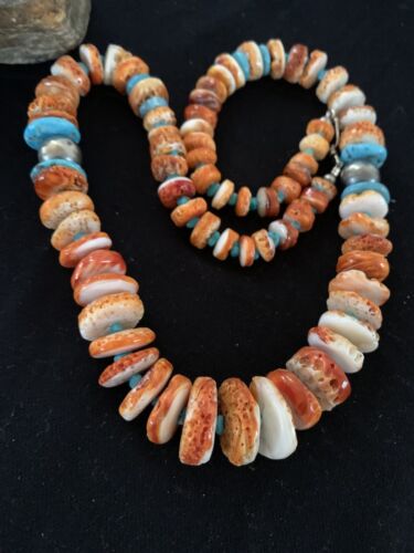 Navajo Pearls, Orange Spiny Oyster & Turquoise Necklace | Sterling Silver | Authentic Native American | 24"