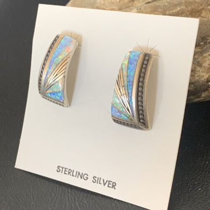 Navajo Blue White Opal Inlay Earrings | Sterling Silver | Authentic Native American Handmade | 12117 - Masha USA