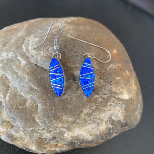 US Navajo Indian Sterling Handmade Blue Opal Inlay Turquoise Earrings 12026