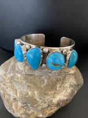 Navajo Kingman Turquoise Row Cuff Bracelet | Sterling Silver | Authentic Native American Handmade | 1410