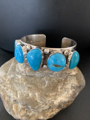 Navajo Kingman Turquoise Row Cuff Bracelet | Sterling Silver | Authentic Native American Handmade | 1410