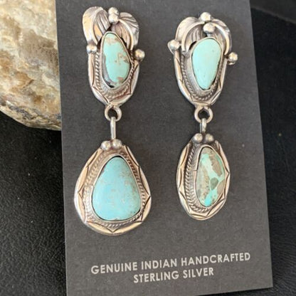 Navajo Blue Dry Creek Turquoise Post Dangle Earrings | Sterling Silver | Authentic Native American Handmade | 13877 - Masha USA