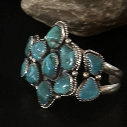 Men's Sterling Silver Cuff Bracelet | Blue Kingman Turquoise Cluster | Authentic Native American Handmade | 14596