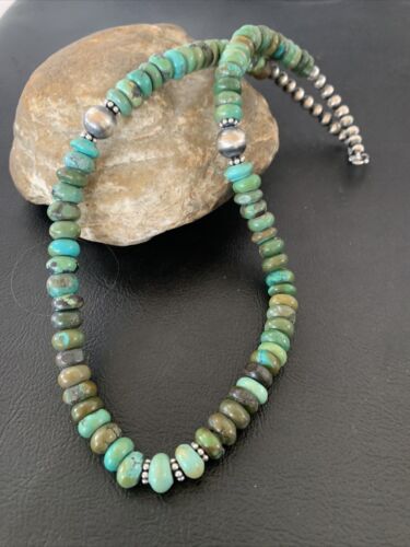 Southwestern Navajo Green Turquoise Bead Necklace | Sterling Silver | 20" | Authentic Native American Handmade | 2001