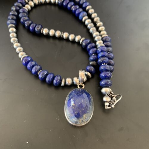 Navajo Sterling Silver Bead Necklace | Lapis Lazuli Faceted Pendant | Authentic Native American Handmade | 11367