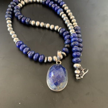 Navajo Sterling Silver Bead Necklace | Lapis Lazuli Faceted Pendant | Authentic Native American Handmade | 11367