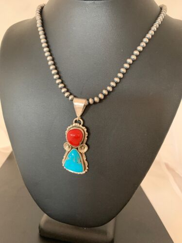 Navajo Kingman Turquoise, Coral, and Multi-Stone Pendant Necklace | Authentic Native American Sterling Silver | 2534