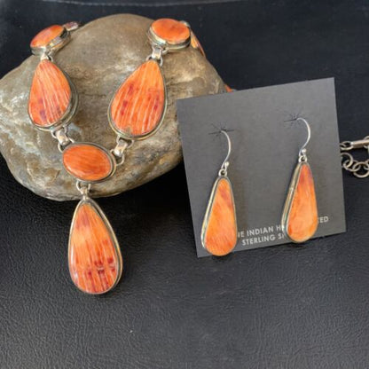 Navajo Lariat Necklace with Orange Spiny Oyster Earrings | Sterling Silver Pendant | 20" | Authentic Native American Handmade | 13882