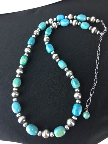 Authentic Native American | Navajo Sterling Silver Turquoise Necklace | Blue Green | 18" | 384