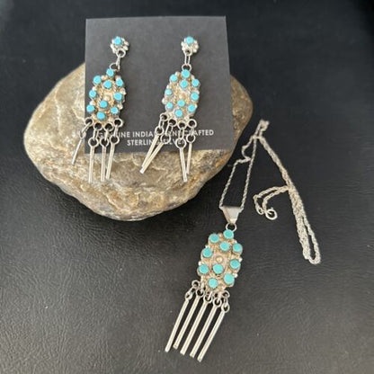 Native American Zuni Kingman Turquoise Necklace Pendant Earrings Set | Sterling Silver | 14487