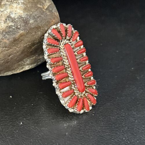 Navajo Red Coral Cluster Ring | Authentic Native American Sterling Silver | Multi-Stone | Sz 10 | 14572