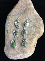 Navajo Green Sonoran Gold Turquoise 3" Dangle Earrings | Sterling Silver | Authentic Native American Handmade | 1732