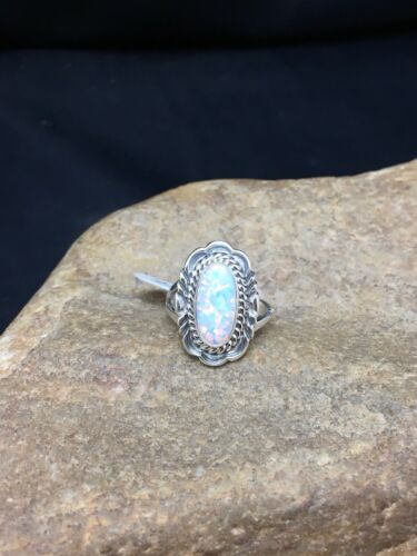 Native American Pink Opal Inlay Ring Navajo Sterling Silver Sz 7.75 2521