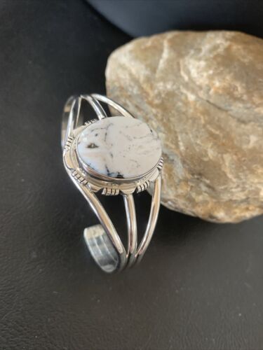 Navajo White Buffalo Turquoise Cuff Bracelet | Sterling Silver | Authentic Native American Handmade | 1389 - Masha USA