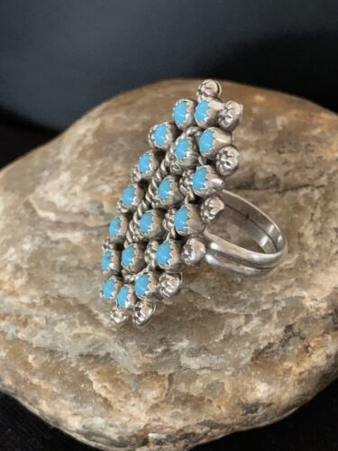 Navajo Blue Cluster Turquoise Petti-Point Ring | Authentic Native American Sterling Silver | Multi-Stone | Sz 7 | 618