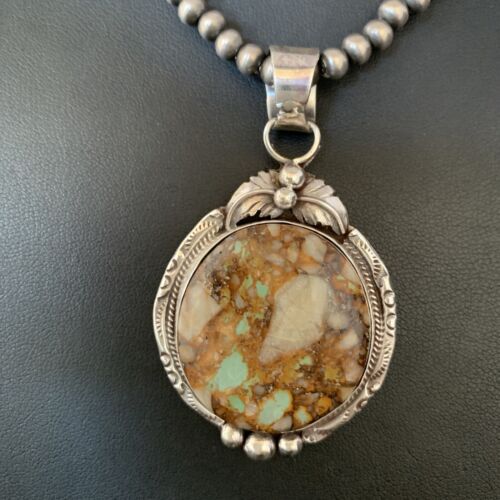 Men's Navajo Boulder Turquoise Pendant Necklace | Sterling Silver | Authentic Native American Handmade | 13658
