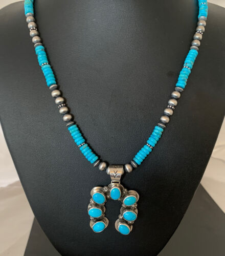 Navajo Blue Turquoise Necklace with Sterling Silver Naja Pendant | Authentic Native American Handmade | 02016