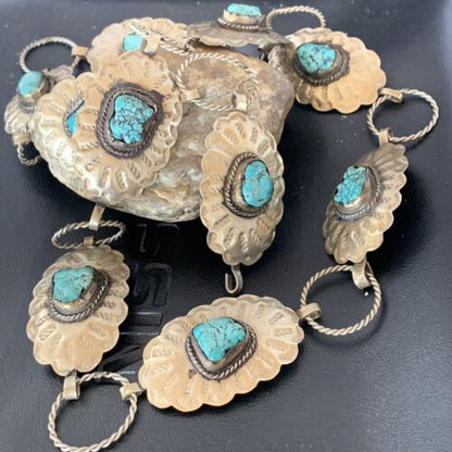 Navajo Blue Turquoise Concho Belt | Sterling Silver | Authentic Native American Handmade | 1570